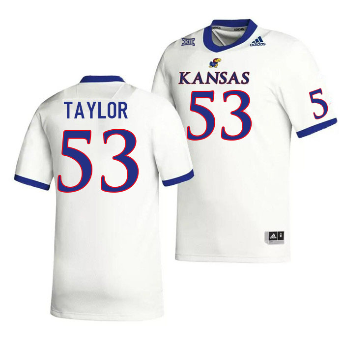 Men #53 Caleb Taylor Kansas Jayhawks College Football Jerseys Stitched Sale-White - Click Image to Close